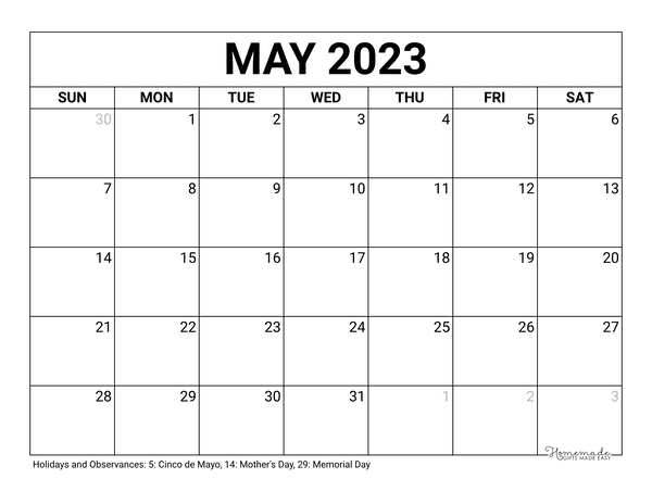 calendar image of may activities